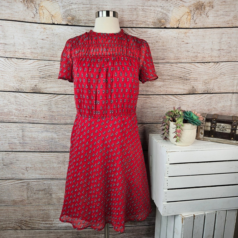 LOFT Red Paisley Clip Dot Smocked High Neck Mini Dress Size 2 NWT